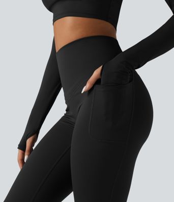 Halara Ultrasculpt™ Heat High Waisted Tummy Control Crossover Back Fleece Running Leggings with Pockets