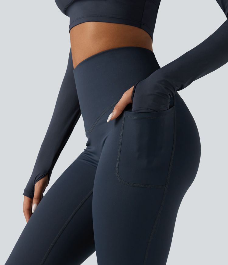Halara Ultrasculpt™ High Waisted Tummy Control Crossover Back Fleece Running Leggings with Pockets