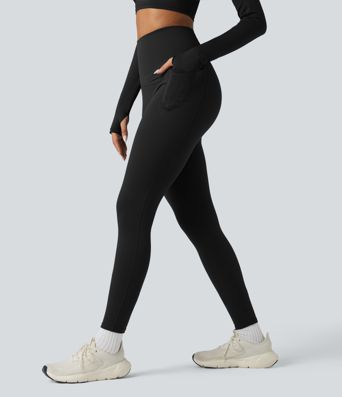 Halara Ultrasculpt™ Heat High Waisted Tummy Control Crossover Back Fleece Running Leggings with Pockets
