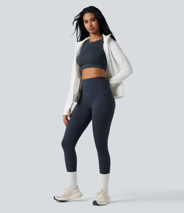 Halara Ultrasculpt™ High Waisted Tummy Control Crossover Back Fleece Running Leggings with Pockets