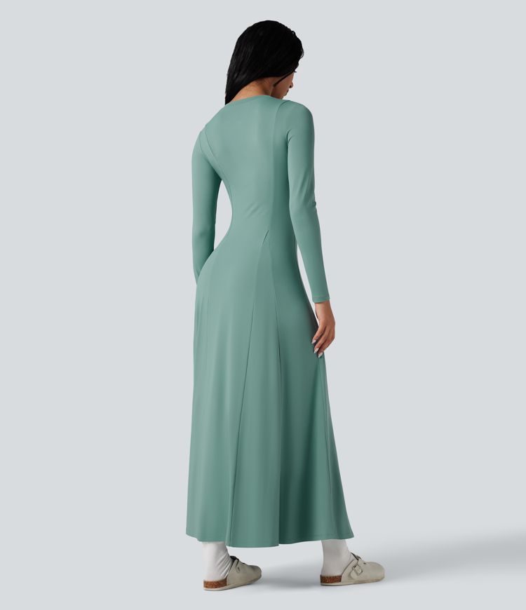 Robe longue évasée col Henley manches longues