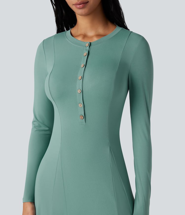 Robe longue évasée col Henley manches longues