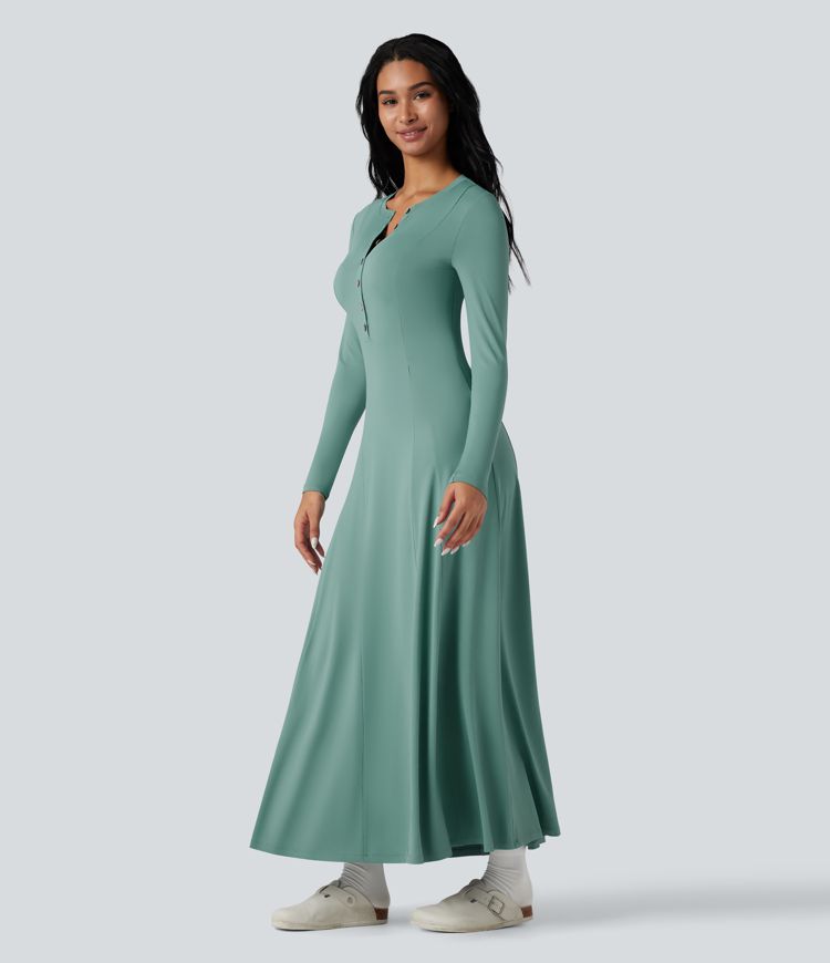 Robe longue évasée col Henley manches longues