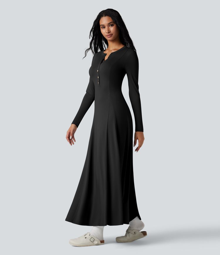 Robe longue évasée col Henley manches longues