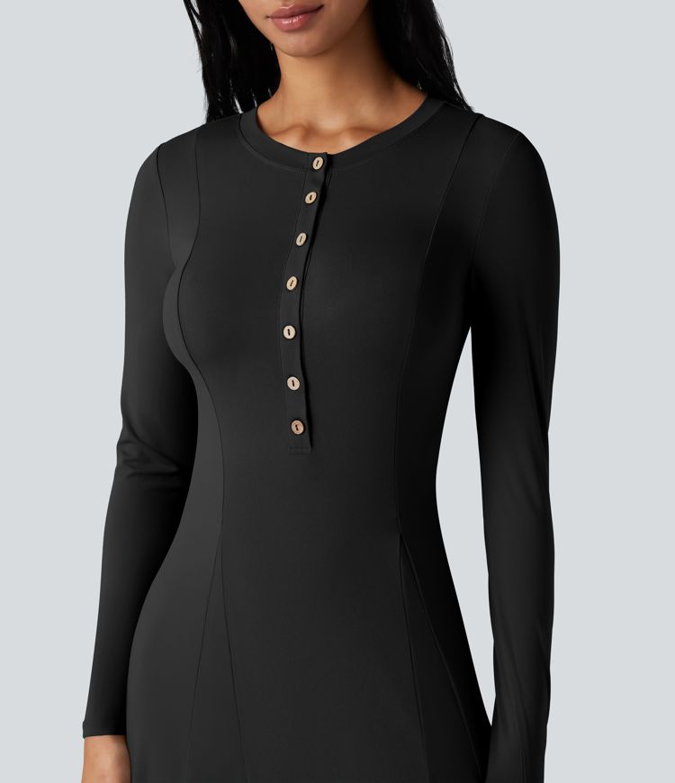 Robe longue évasée col Henley manches longues