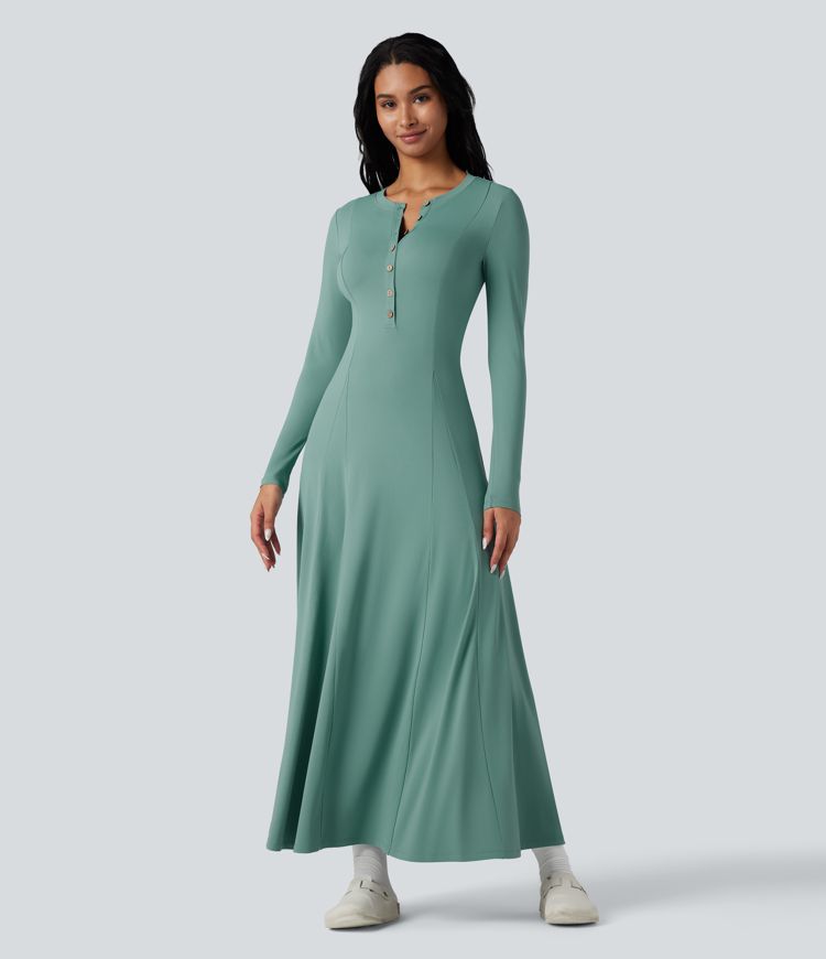 Henley Long Sleeve Flare Maxi Casual Dress