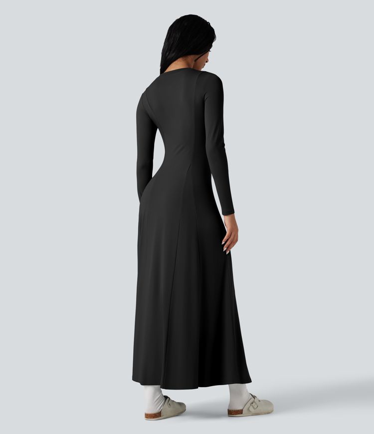 Robe longue évasée col Henley manches longues