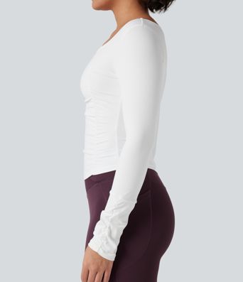 SoftlyZero™ Airy top sportivo da yoga con scollo quadrato, effetto push-up, maniche lunghe con foro per il pollice, arricciature e sensazione fresca al tatto