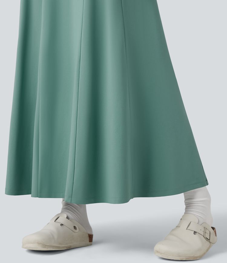 Robe longue évasée col Henley manches longues