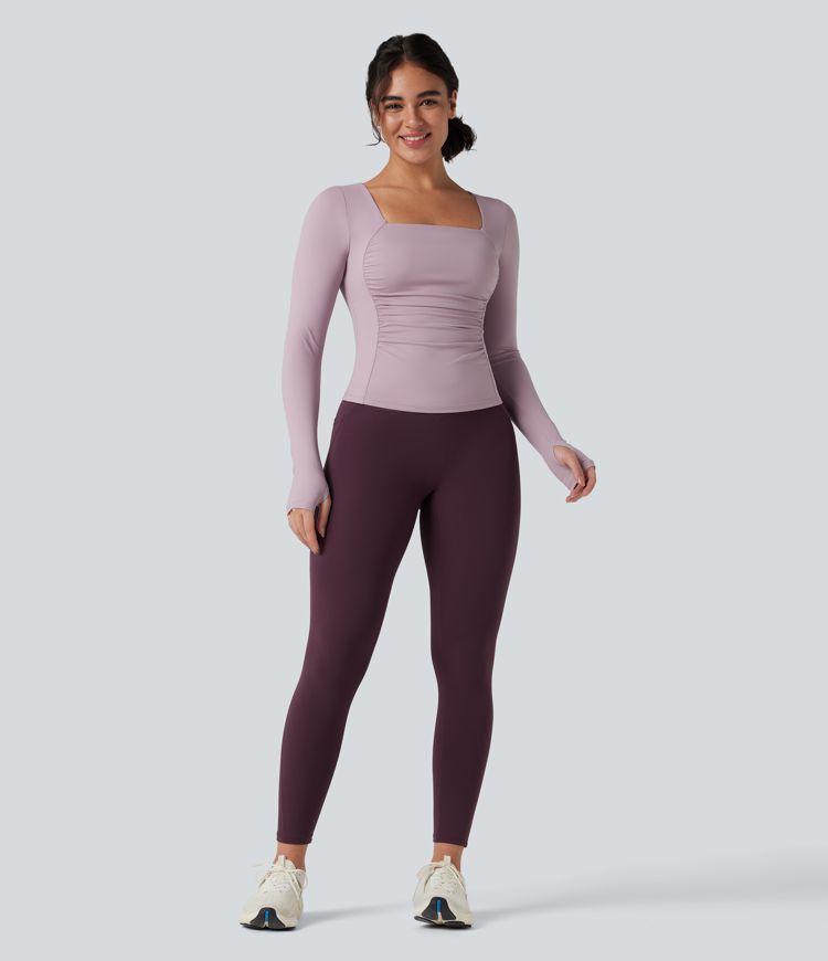 SoftlyZero™ Airy Square Neck Push-Up Long Sleeve Thumb Hole Ruched Cool Touch Yoga Sports Top