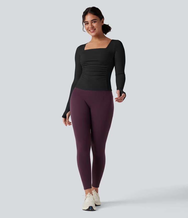 SoftlyZero™ Airy top sportivo da yoga con scollo quadrato, effetto push-up, maniche lunghe con foro per il pollice, arricciature e sensazione fresca al tatto