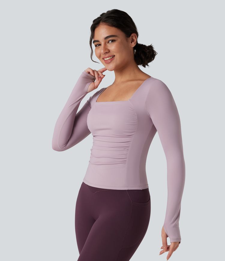 SoftlyZero™ Airy Square Neck Push-Up Long Sleeve Thumb Hole Ruched Cool Touch Yoga Sports Top