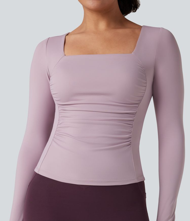 SoftlyZero™ Airy Square Neck Push-Up Long Sleeve Thumb Hole Ruched Cool Touch Yoga Sports Top