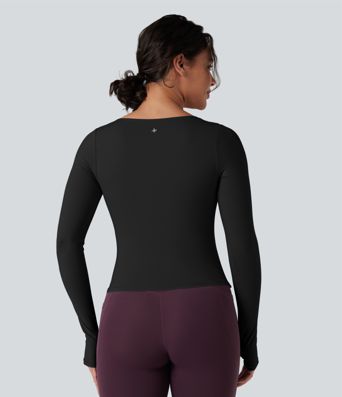SoftlyZero™ Airy top sportivo da yoga con scollo quadrato, effetto push-up, maniche lunghe con foro per il pollice, arricciature e sensazione fresca al tatto
