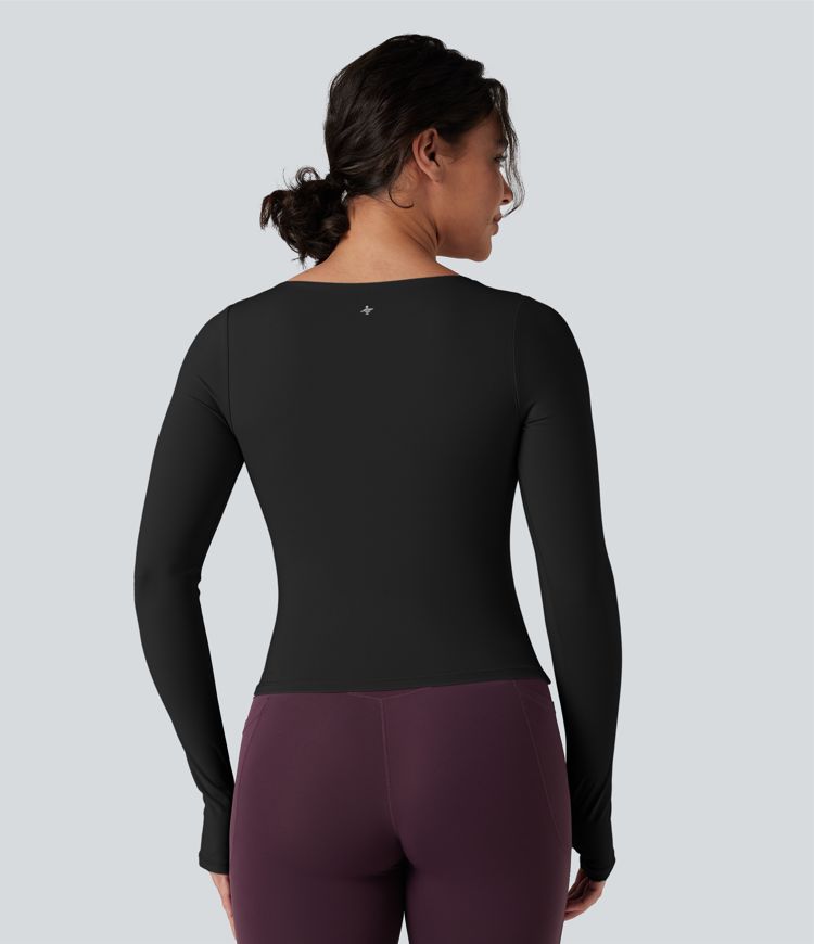SoftlyZero™ Airy top sportivo da yoga con scollo quadrato, effetto push-up, maniche lunghe con foro per il pollice, arricciature e sensazione fresca al tatto