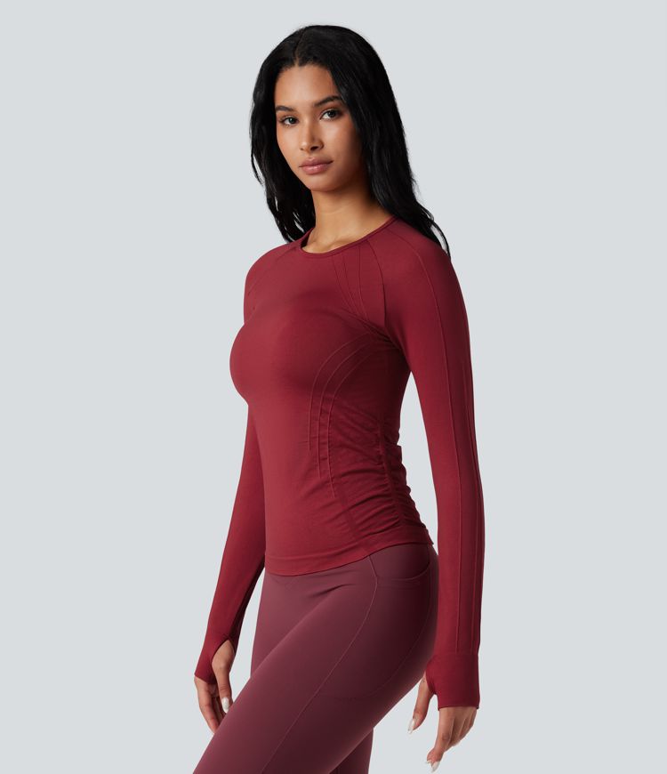 Seamless Flow Round Neck Long Sleeve Thumb Hole Yoga Sports Top