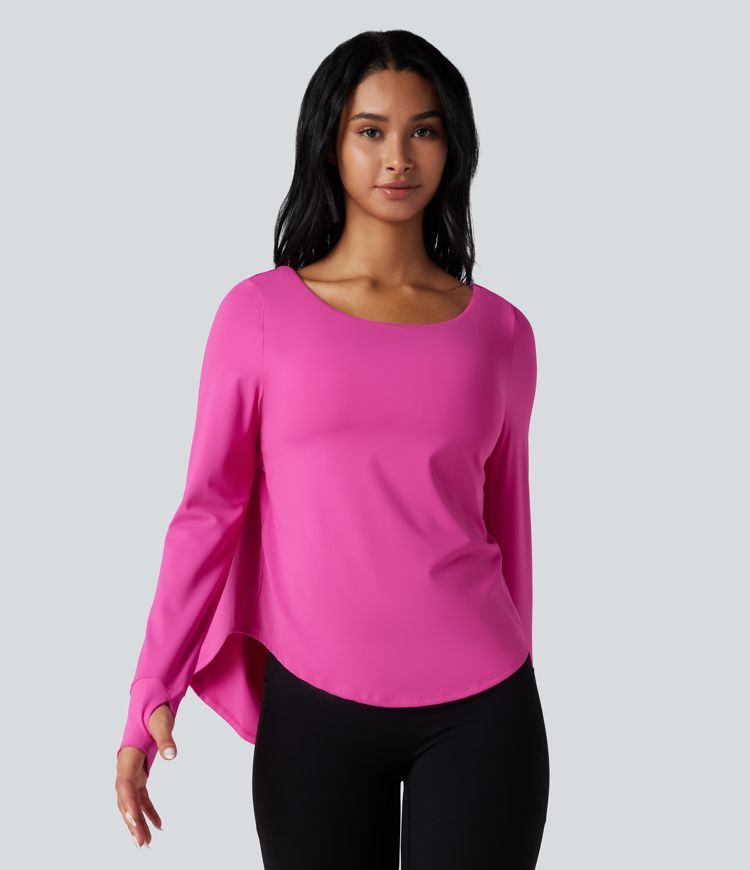 SoftlyZero™ Airy Crisscross Backless Long Sleeve Thumb Holes Curved Hem 2-in-1 Yoga Sports Top-UPF50+