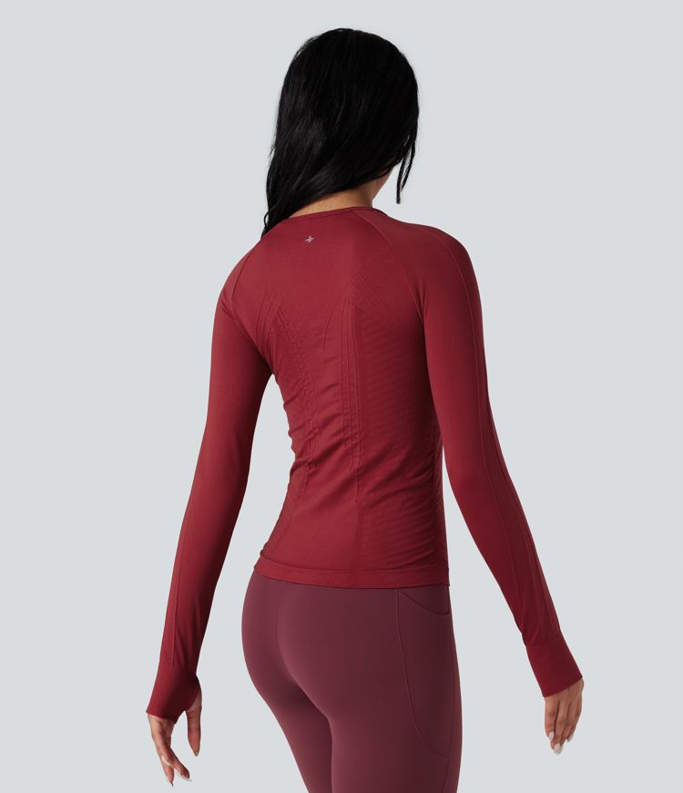 Seamless Flow Round Neck Long Sleeve Thumb Hole Yoga Sports Top