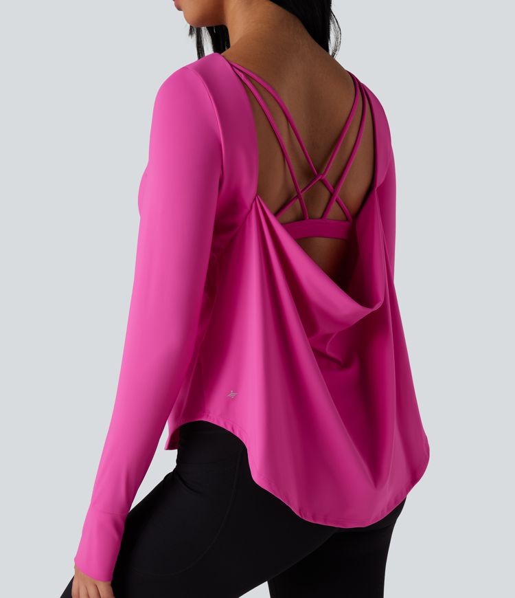 SoftlyZero™ Airy Crisscross Backless Long Sleeve Thumb Holes Curved Hem 2-in-1 Yoga Sports Top-UPF50+
