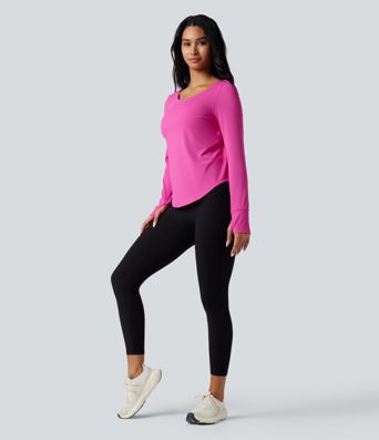SoftlyZero™ Airy Crisscross Backless Long Sleeve Thumb Holes Curved Hem 2-in-1 Yoga Sports Top-UPF50+