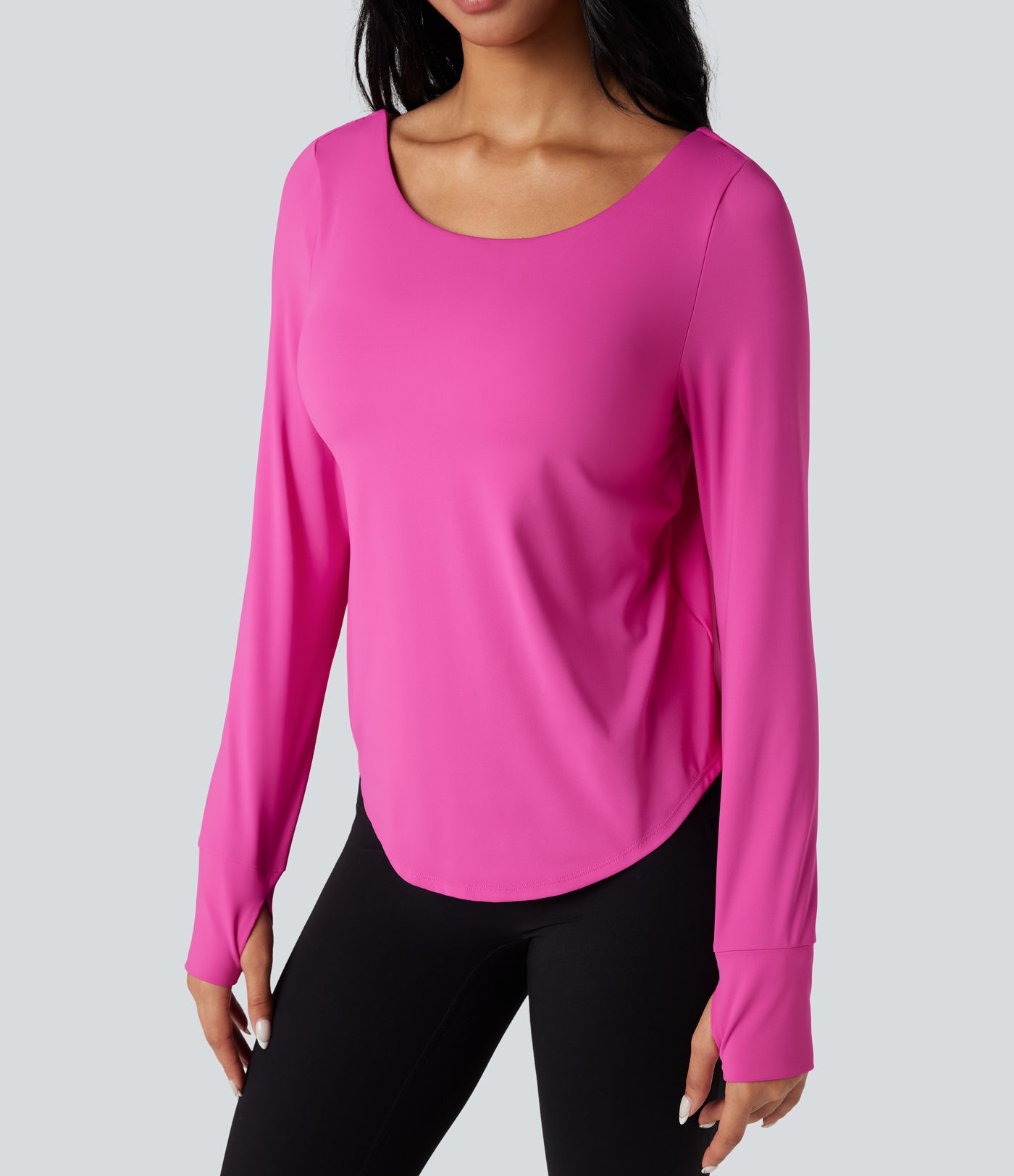 SoftlyZero™ Airy Crisscross Backless Long Sleeve Thumb Holes Curved Hem 2-in-1 Yoga Sports Top-UPF50+