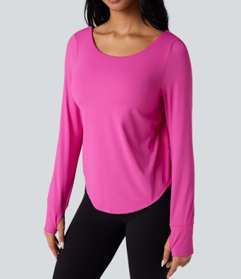 SoftlyZero™ Airy Crisscross Backless Long Sleeve Thumb Holes Curved Hem 2-in-1 Yoga Sports Top-UPF50+