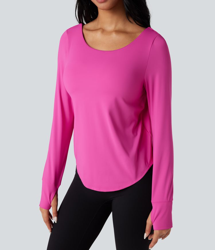 SoftlyZero™ Airy Crisscross Backless Long Sleeve Thumb Holes Curved Hem 2-in-1 Yoga Sports Top-UPF50+