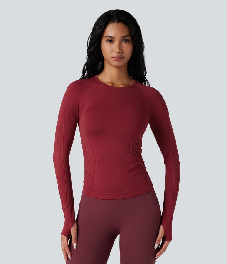 Seamless Flow Round Neck Long Sleeve Thumb Hole Yoga Sports Top