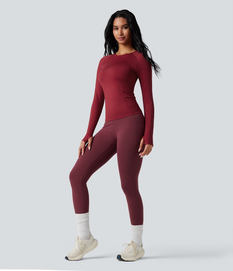Seamless Flow Round Neck Long Sleeve Thumb Hole Yoga Sports Top