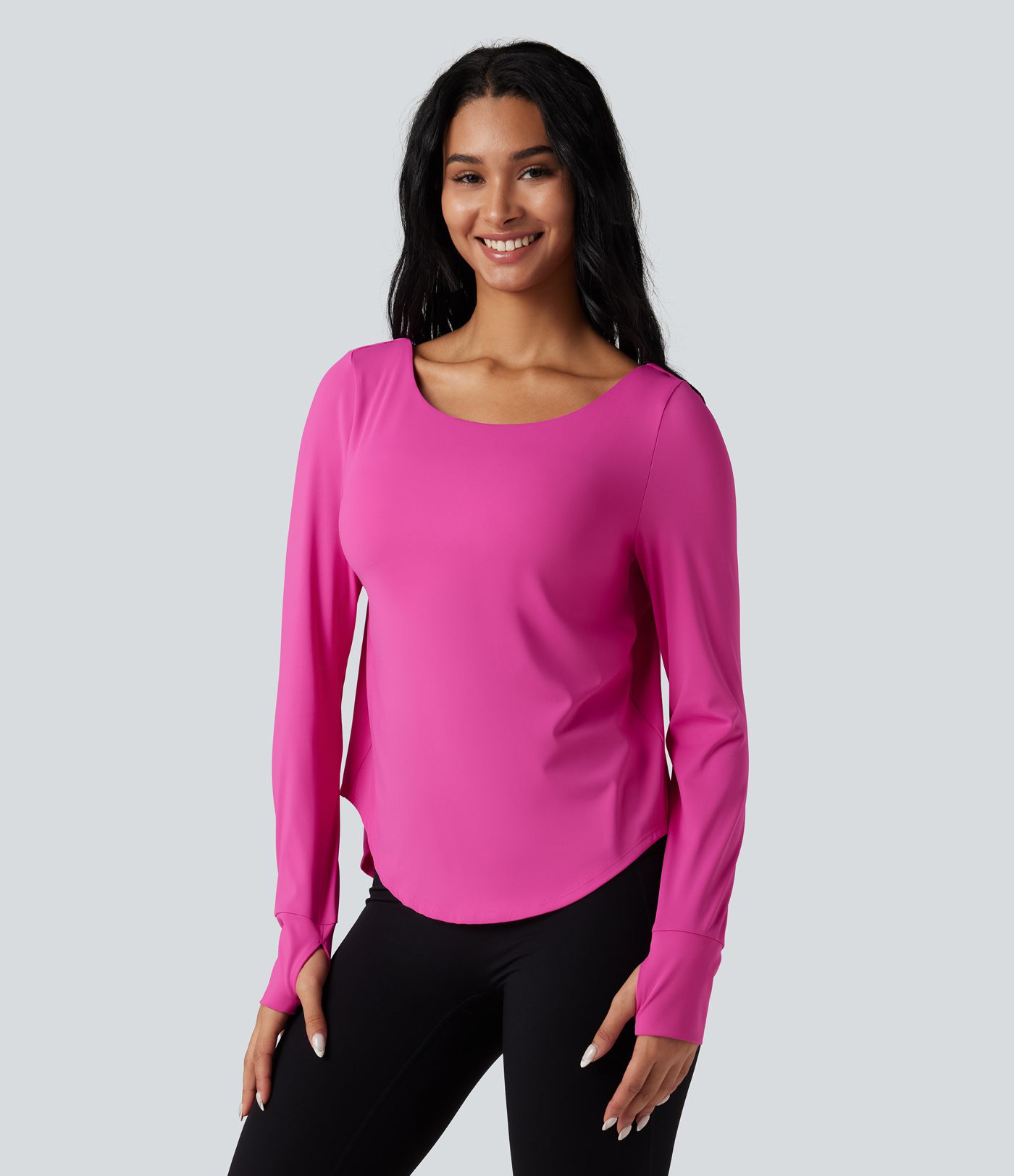 SoftlyZero™ Airy Crisscross Backless Long Sleeve Thumb Holes Curved Hem 2-in-1 Yoga Sports Top-UPF50+