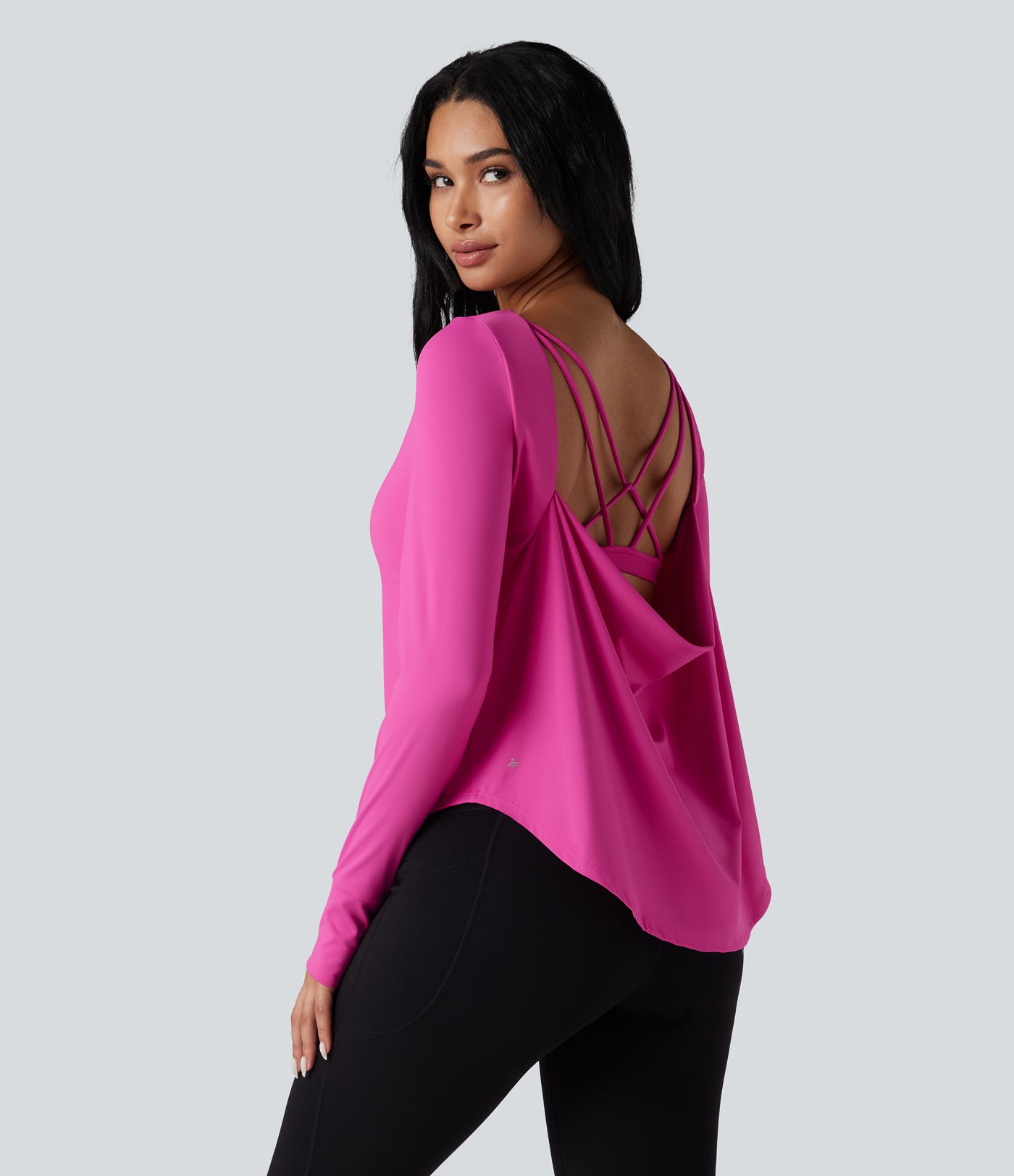 SoftlyZero™ Airy Crisscross Backless Long Sleeve Thumb Holes Curved Hem 2-in-1 Yoga Sports Top-UPF50+