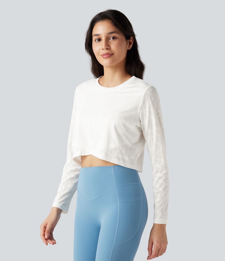Round Neck Long Sleeve Crossover Hem Jacquard Yoga Sports Top