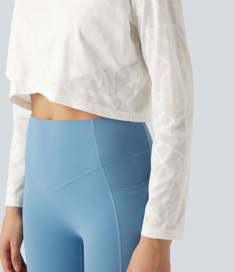 Round Neck Long Sleeve Crossover Hem Jacquard Yoga Sports Top