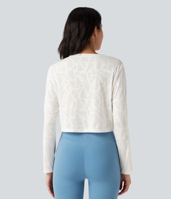 Round Neck Long Sleeve Crossover Hem Jacquard Yoga Sports Top