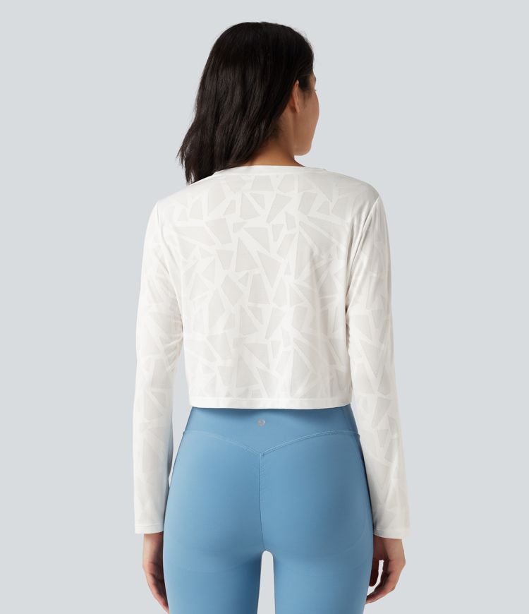 Round Neck Long Sleeve Crossover Hem Jacquard Yoga Sports Top