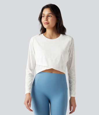 Round Neck Long Sleeve Crossover Hem Jacquard Yoga Sports Top