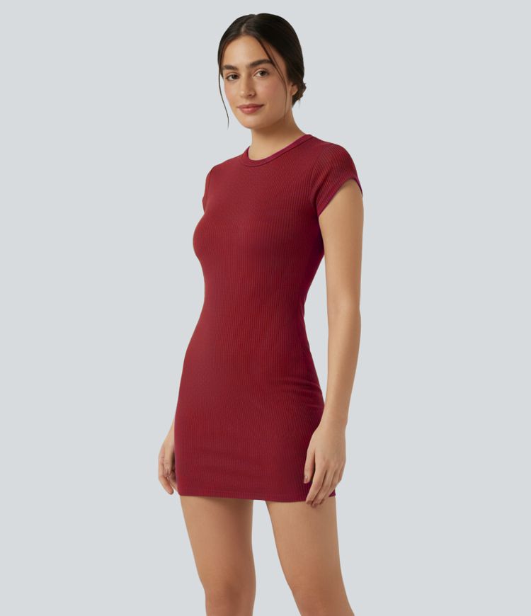 Ribbed Knit Round Neck Short Sleeve Bodycon Mini Casual Dress