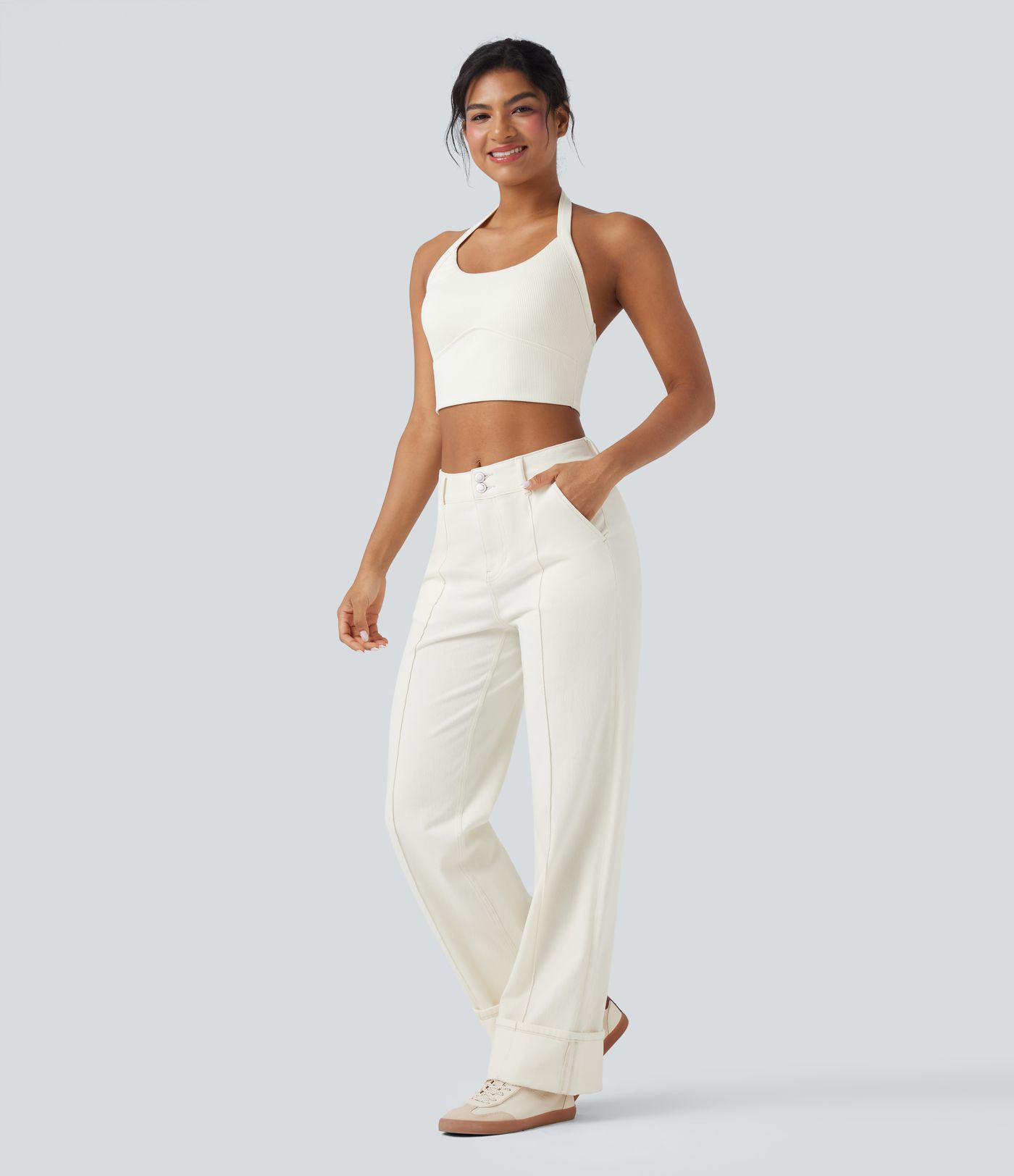 Ribbed Knit Halter Adjustable Buckle Cropped Casual Tank Top