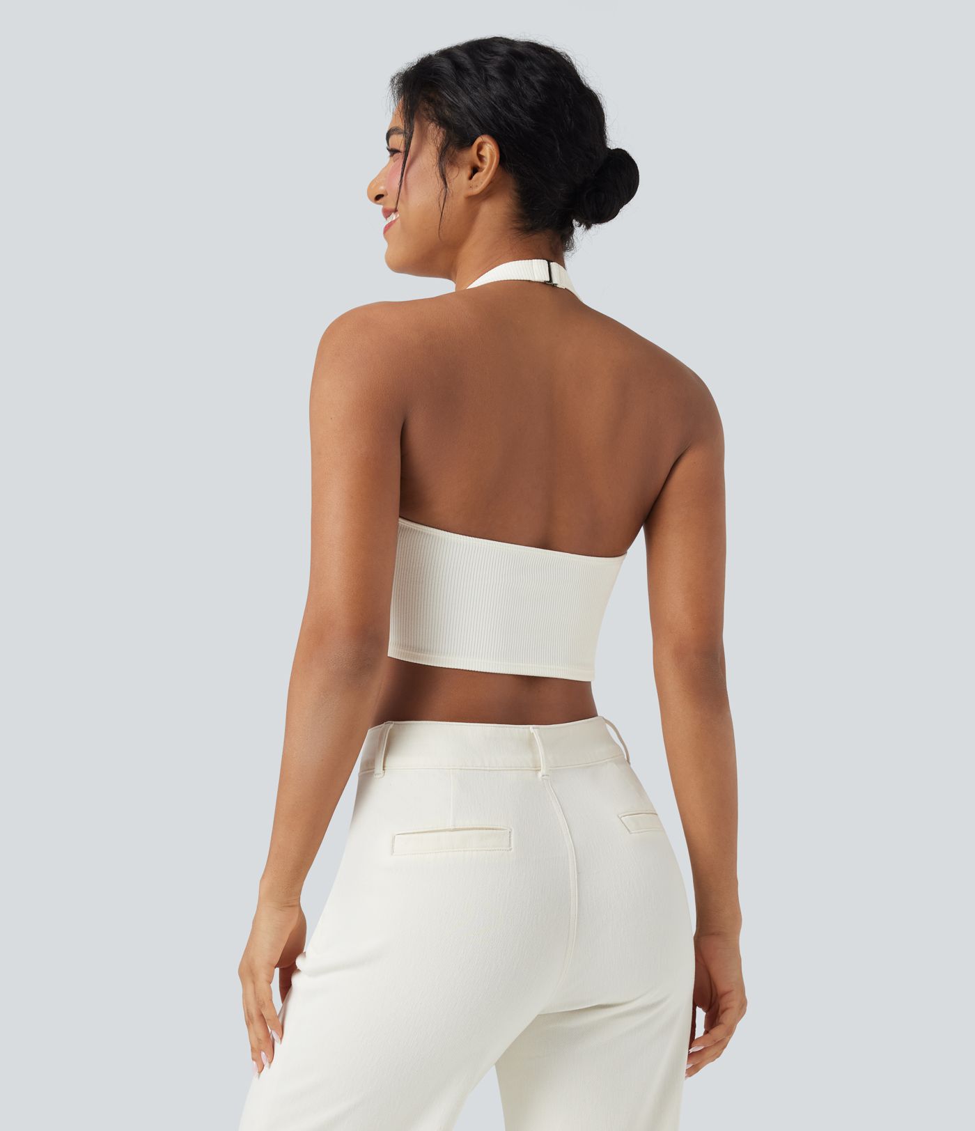 Ribbed Knit Halter Adjustable Buckle Cropped Casual Tank Top