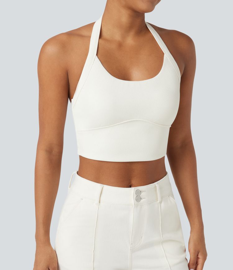 Ribbed Knit Halter Adjustable Buckle Cropped Casual Tank Top