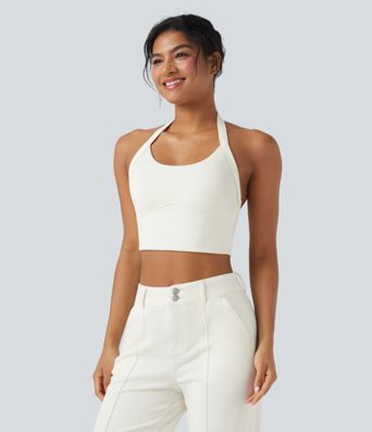 Ribbed Knit Halter Adjustable Buckle Cropped Casual Tank Top