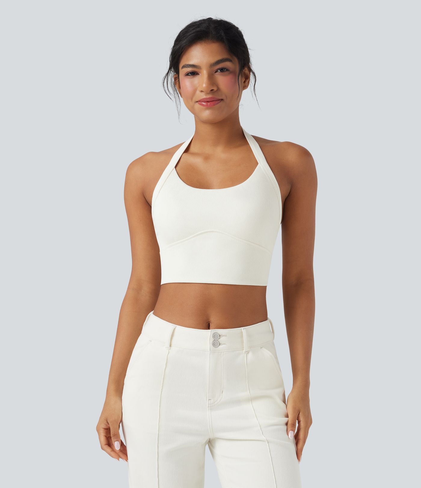 Ribbed Knit Halter Adjustable Buckle Cropped Casual Tank Top