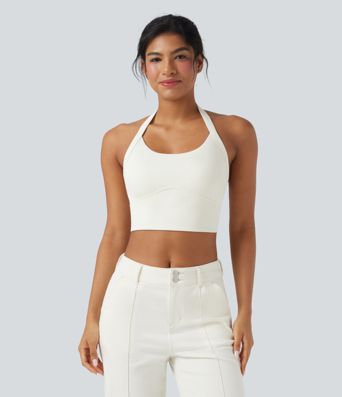 Ribbed Knit Halter Adjustable Buckle Cropped Casual Tank Top