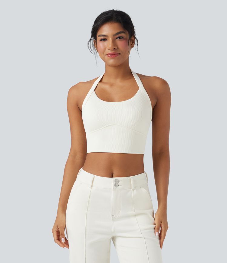 Ribbed Knit Halter Adjustable Buckle Cropped Casual Tank Top