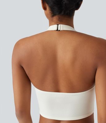 Ribbed Knit Halter Adjustable Buckle Cropped Casual Tank Top