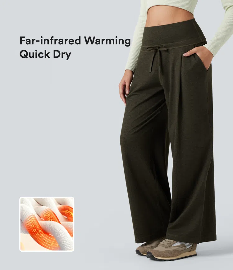 Shadow Moss Foldover High Waisted Draswtring Quick Dry Heathered Casual Wide-leg Pants with Pockets / 1