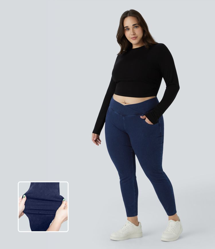 Halara Flex™ Legging Travail  7/8 Taille Croisée en Denim Tricot Extensible Taille Haute Poches Multiples Grande Taille