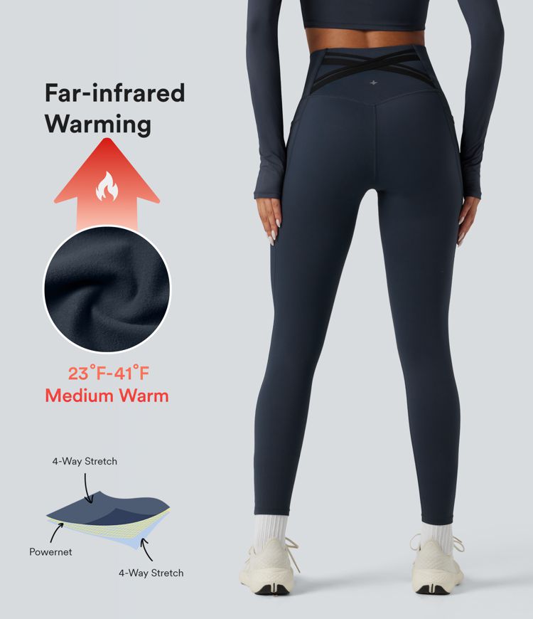 SoCinched High Waisted Tummy Control Crossover Back Fleece Running Leggings with Pockets