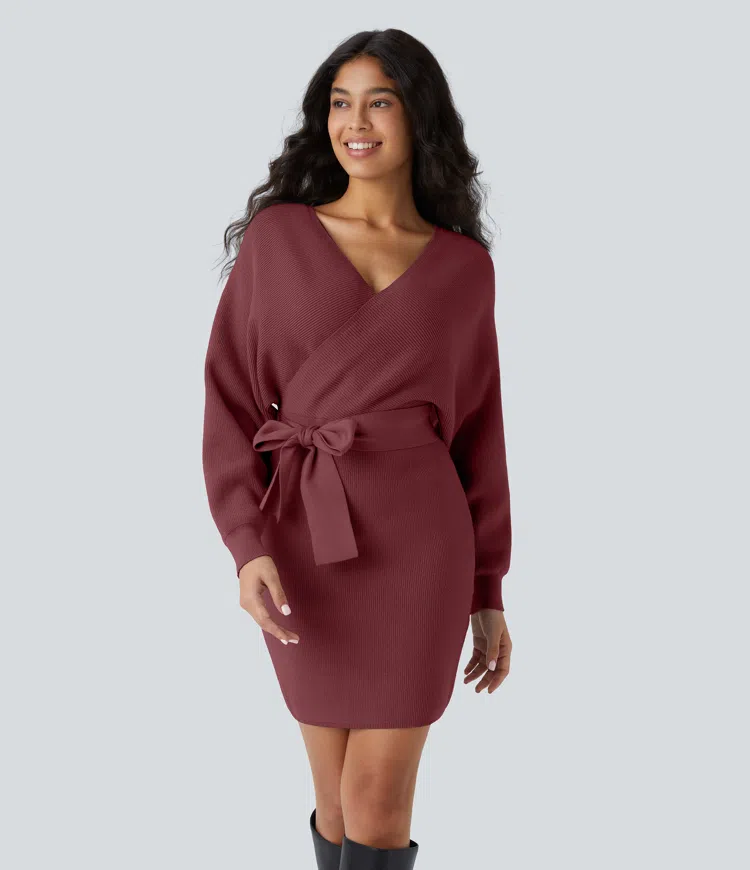 Crossover V Neck  Batwing Long Sleeve Belted Mini Casual Jumper Dress