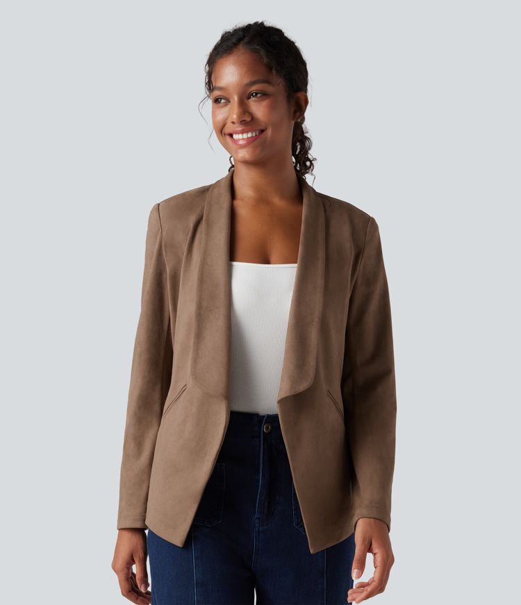 Shawl Collar Suede Work Blazer with Pockets